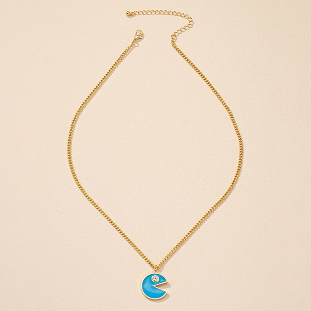 Minimal Blue Enamel Rhinestone PacMan Inspired Necklace